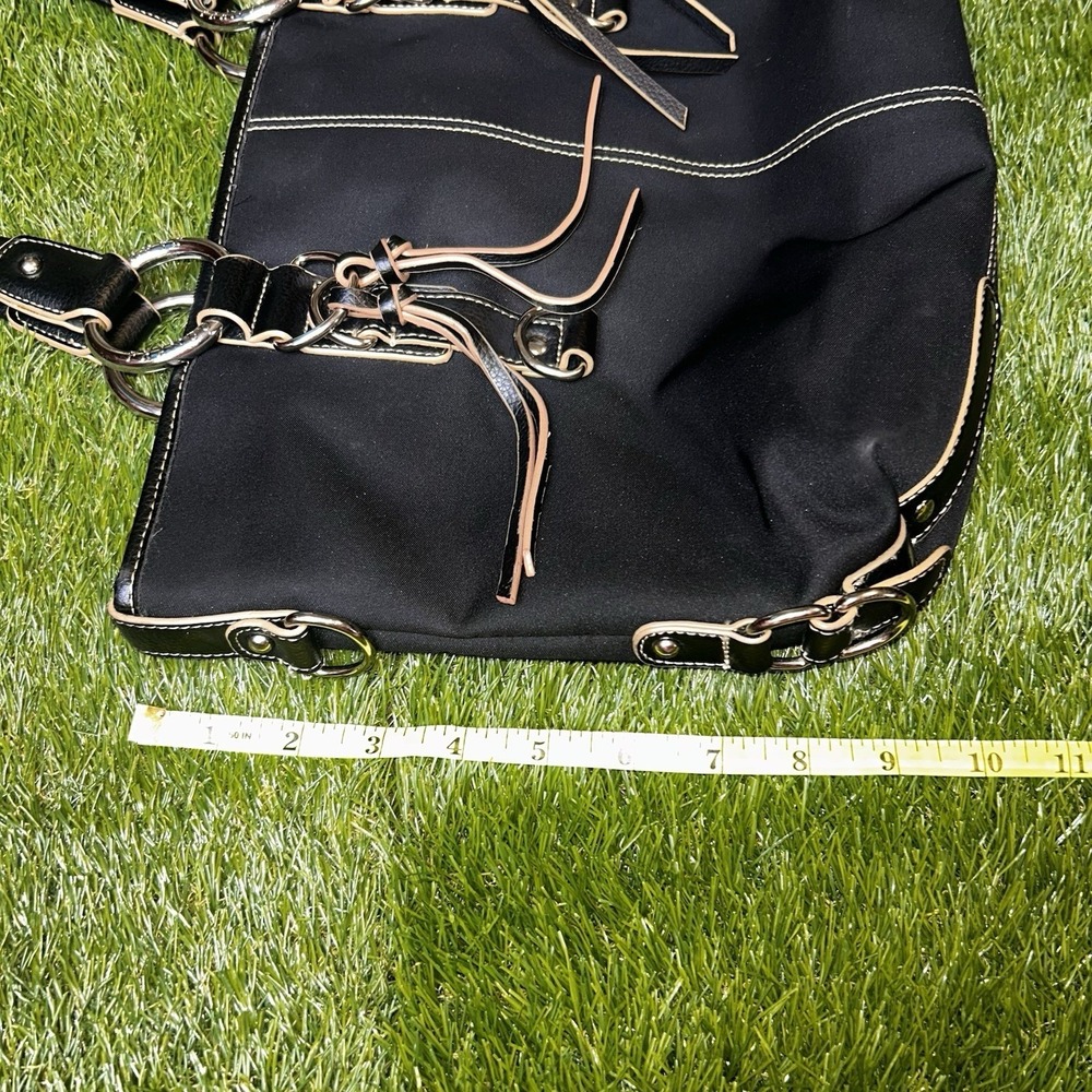 Franco Sarto Black Nylon‎ Satchel Handbag Silver Hardware Geometric Lining - Picture 6 of 10